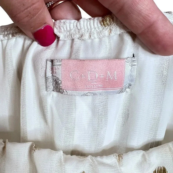 C+D+M Collection White Gold Polka Dot Off The Shoulder Smocked Waist Dress Sz. S - Picture 6 of 10